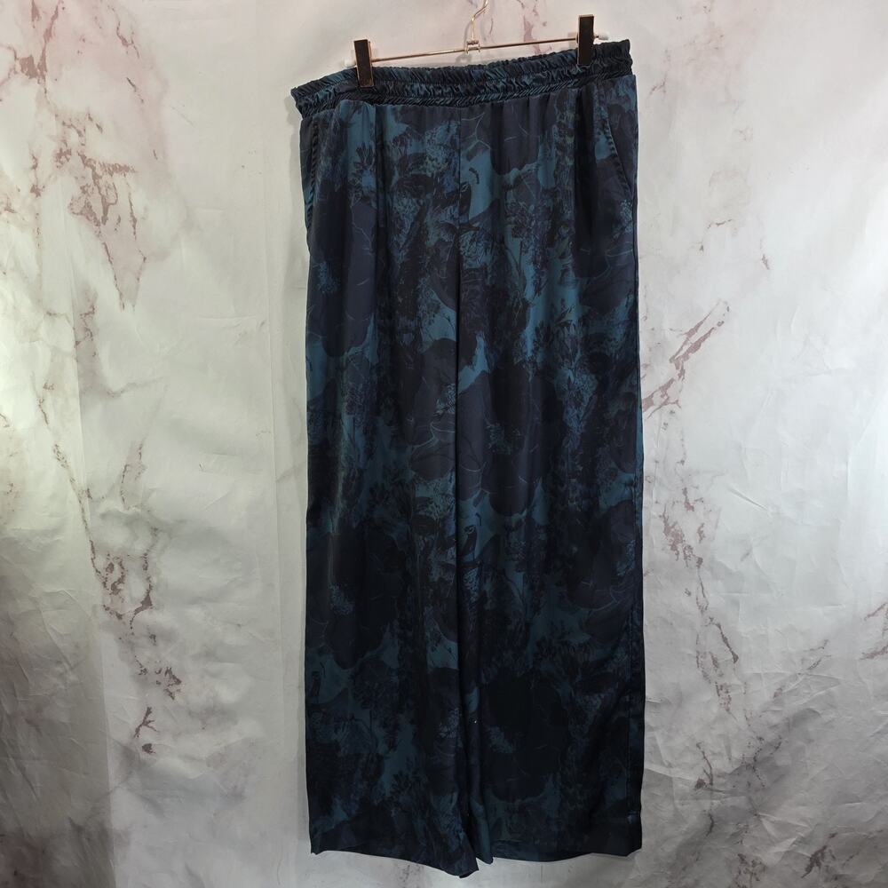 Soft Surroundings Pants Womens Medium Blue Satin Pull On Floral Wide Leg